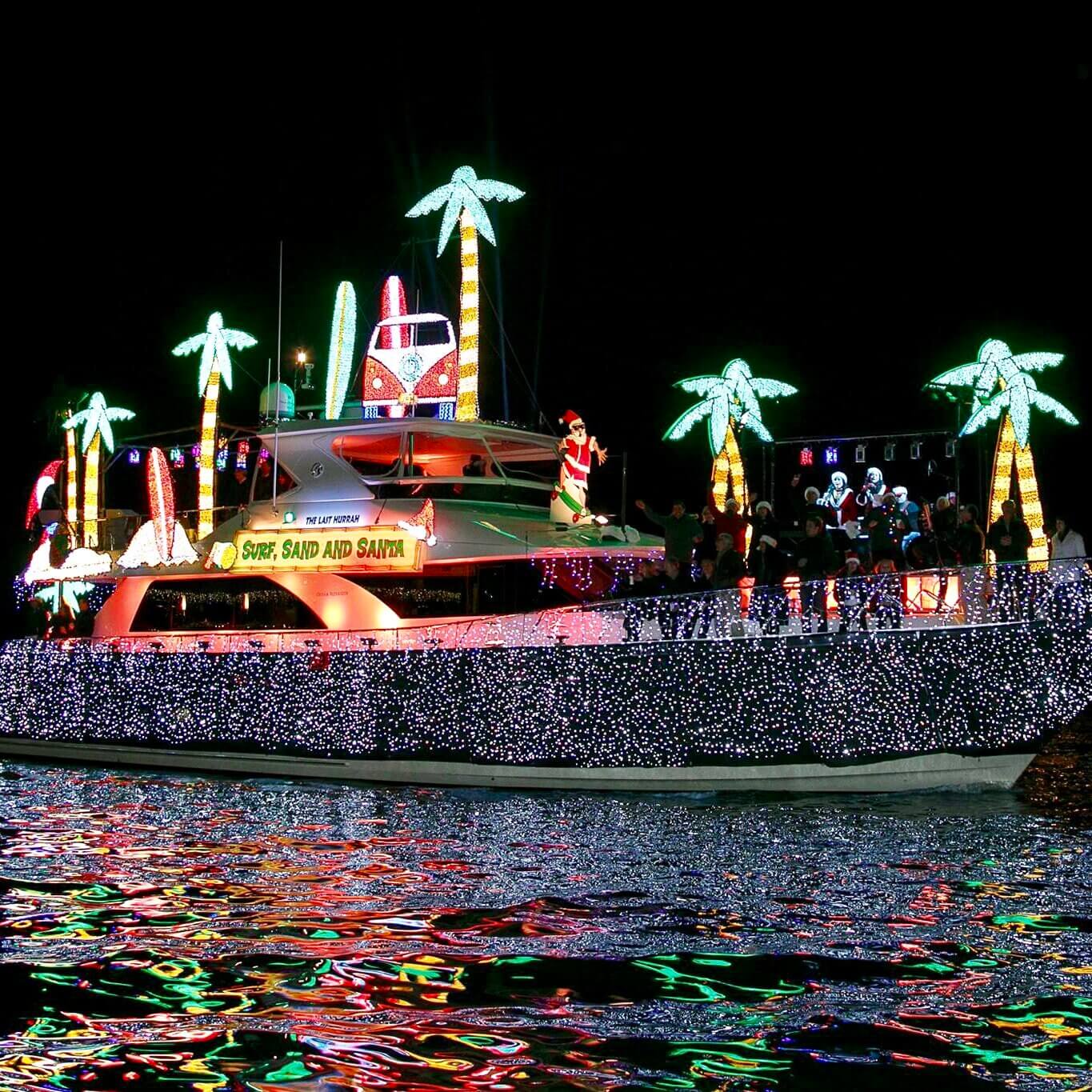 a boat with lights on it