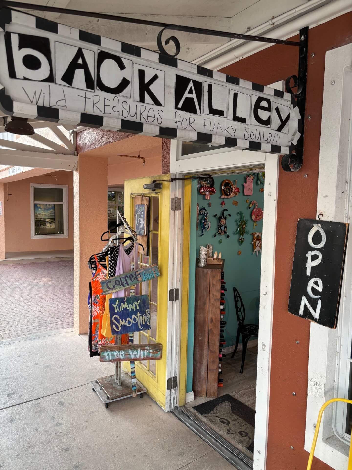 exterior of Back Alley Treasures with clothes for sale and a black and white hand painted sign