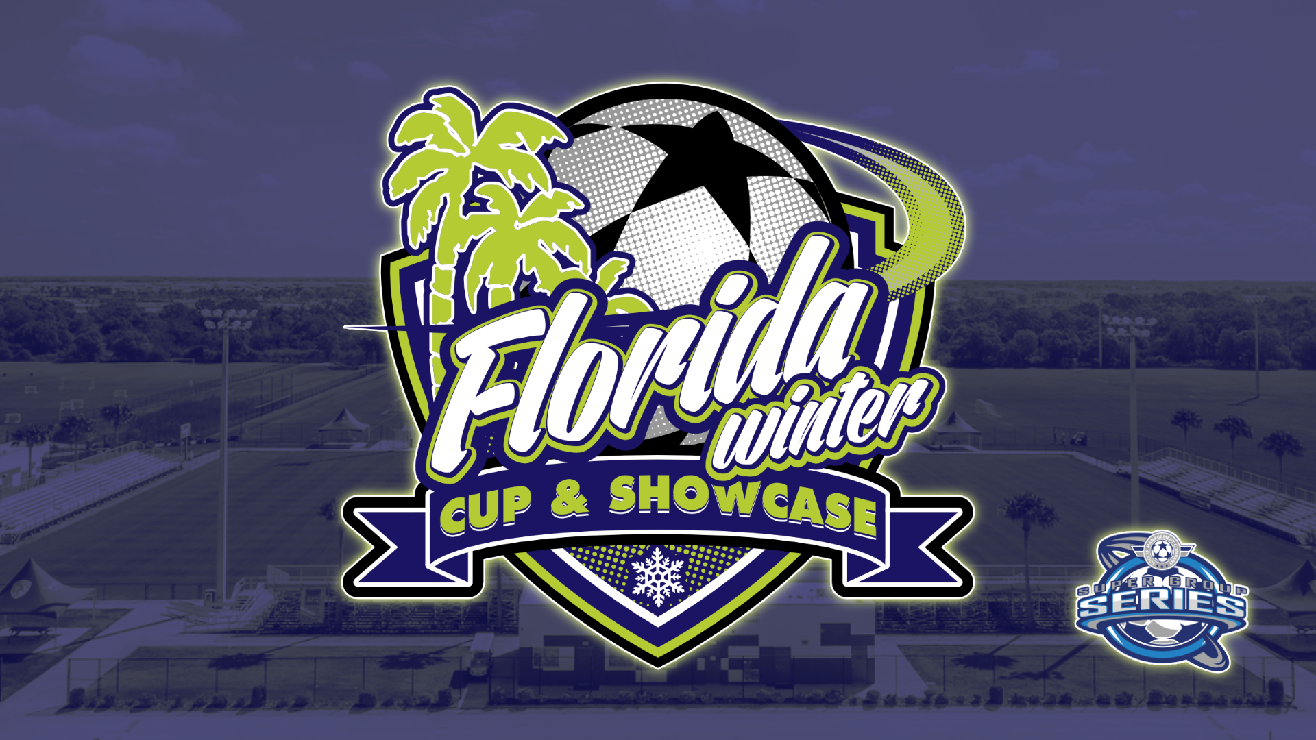 a logo with a football ball and palm trees