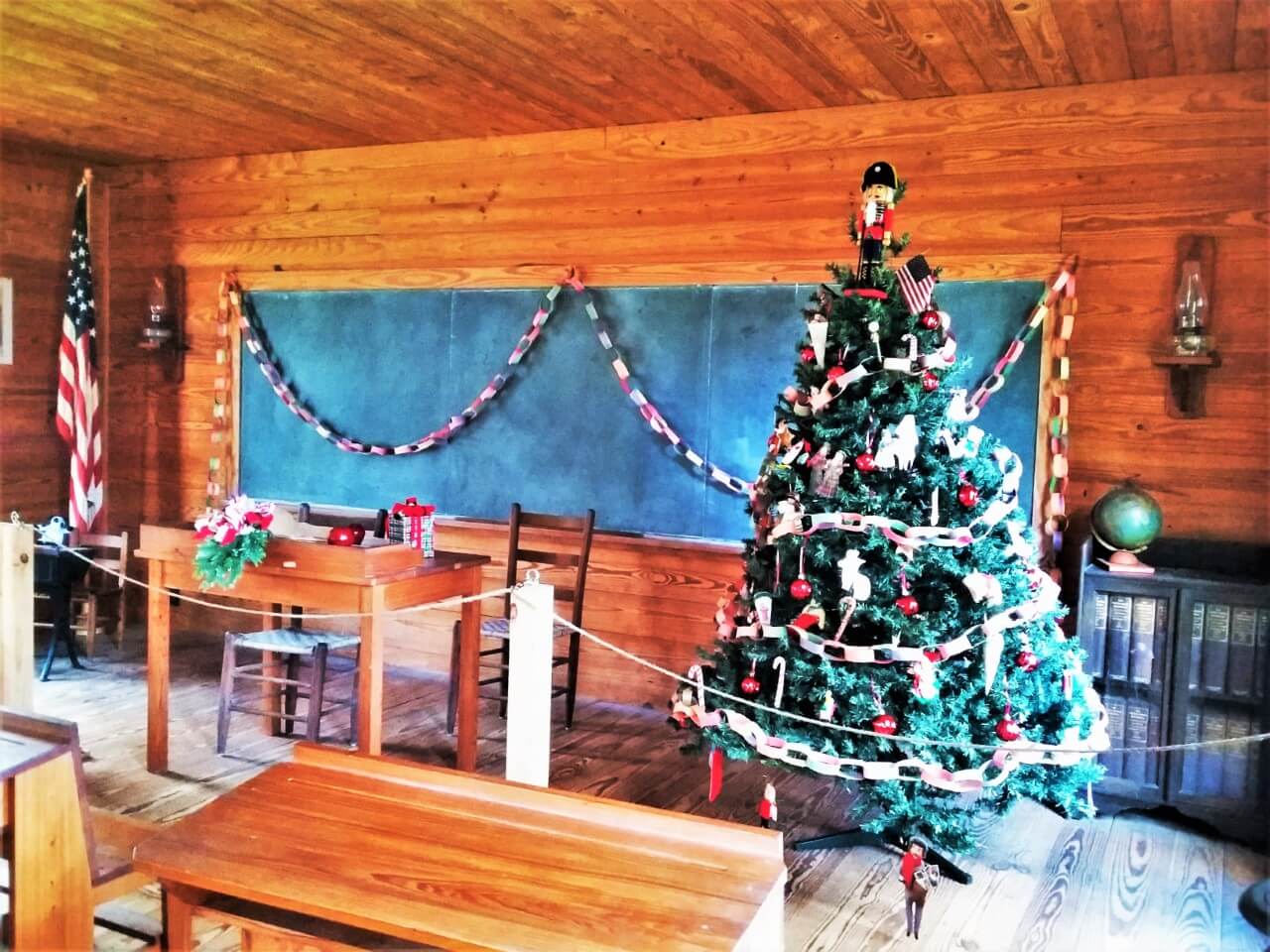 a christmas tree in a vintage classroom