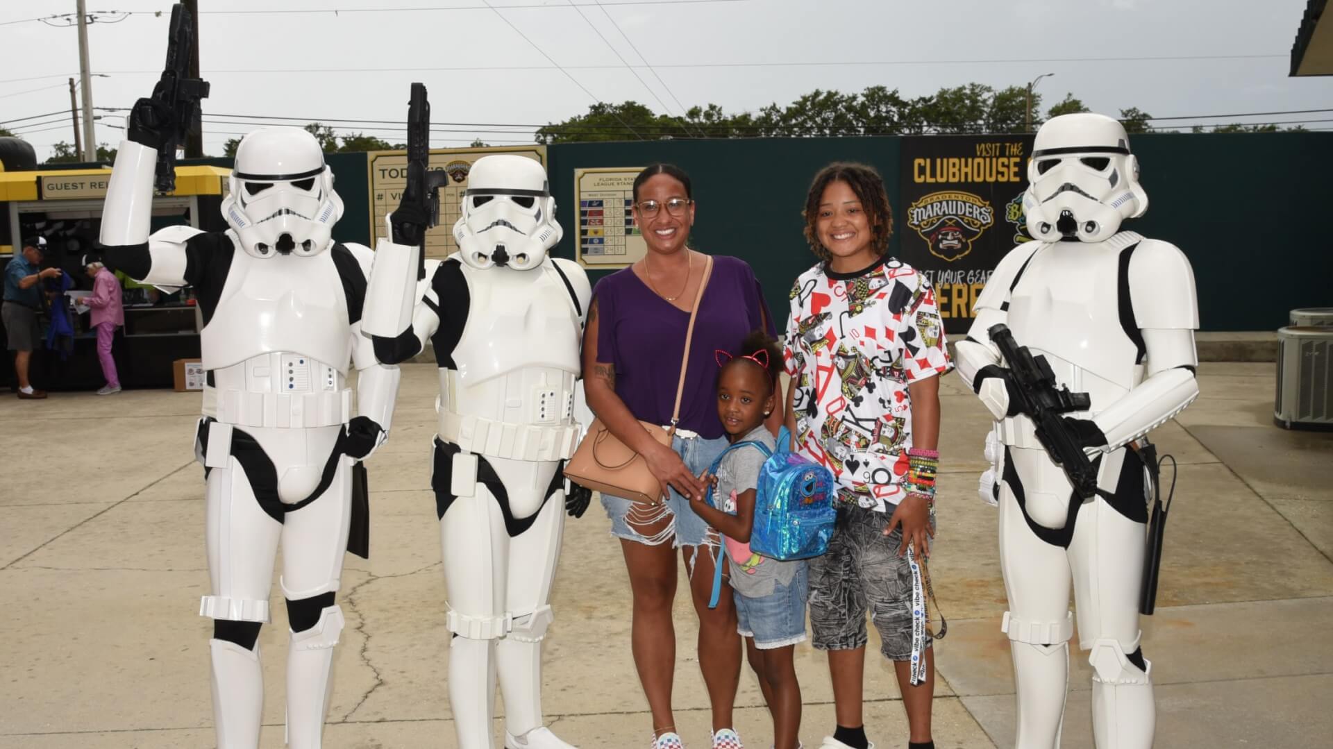 bradenton marauders fans posing with Star Wars storm troopers at LECOM Park