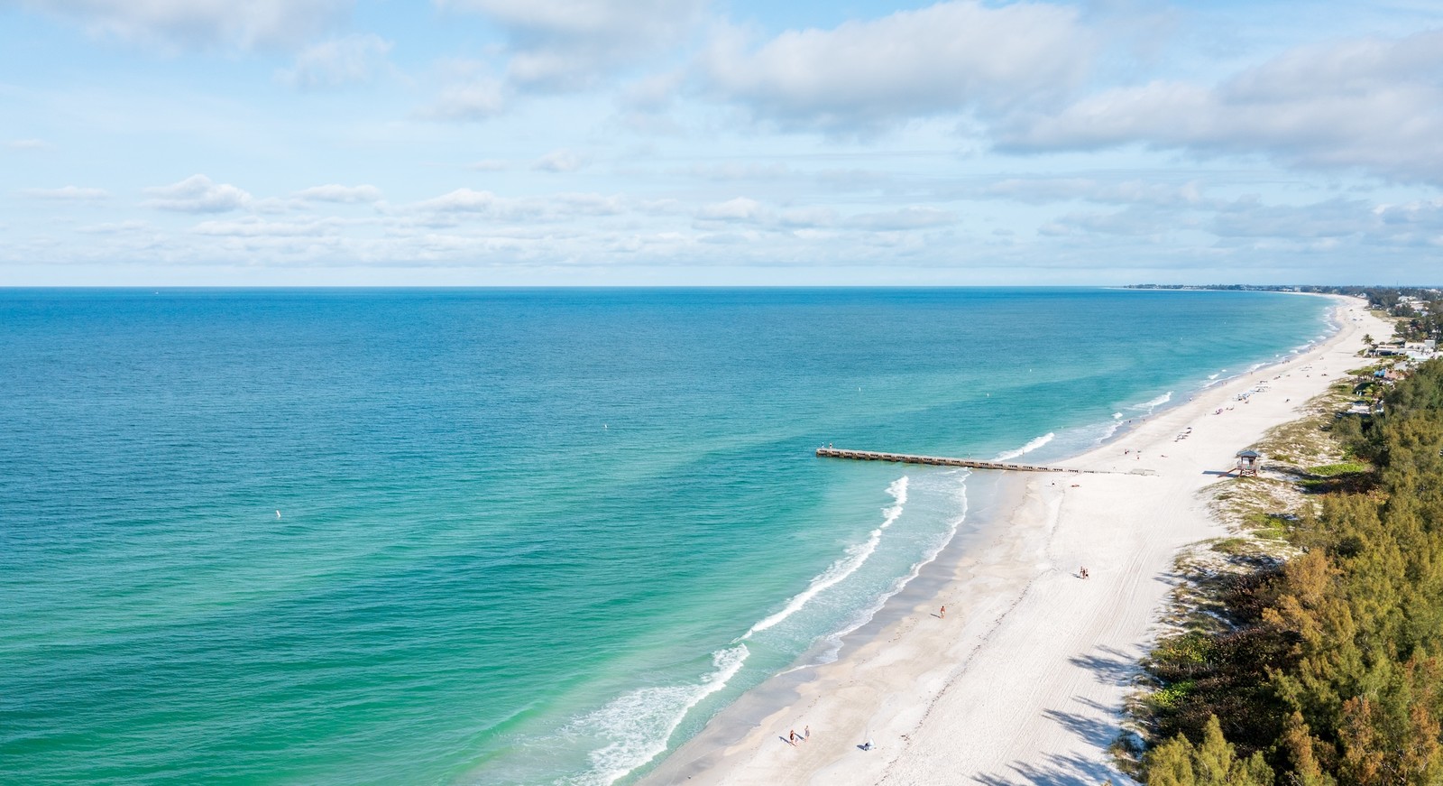 a beach with trees and a pier on Anna Maria Island with blue sky and turquoise water